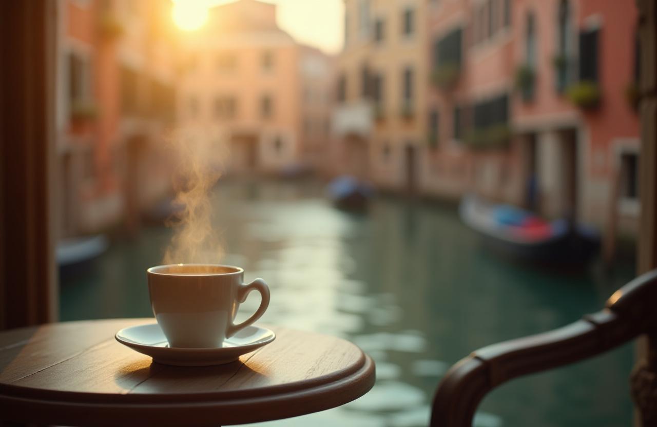 Tazzina di caffè espresso su un tavolino con vista su un canale di Venezia.